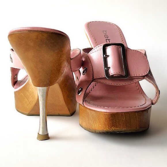 Bebe Galia Pink Leather Platform Sandals Size 6 Wood Base with Steel Heel 16350 - Picture 6 of 10